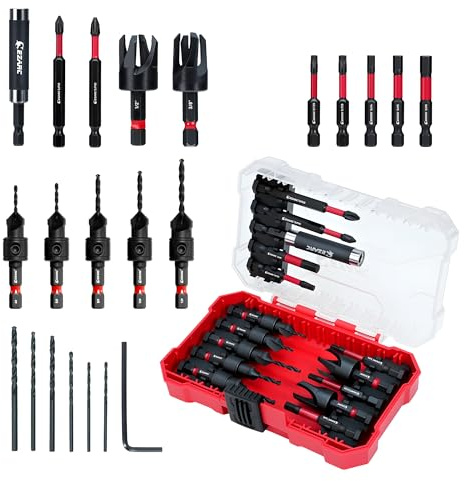 EZARC Countersink Drill Bit Set, 22 PCS Counter Sink Drill Bit with 2 Wood Plug Cutters, Magnetic Extension Bit Holder, 1/4 Hex Shank for Woodworking with Storage Box