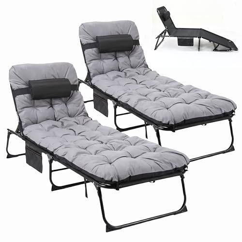 LIFERUN Lot de 2 chaises Longues Pliantes XL avec Coussin imperméable - Transat Large (190x68x31 cm) avec Dossier 4 Positions réglables, Oreiller et Poche latérale, pour Jardin, Piscine ou Vacances