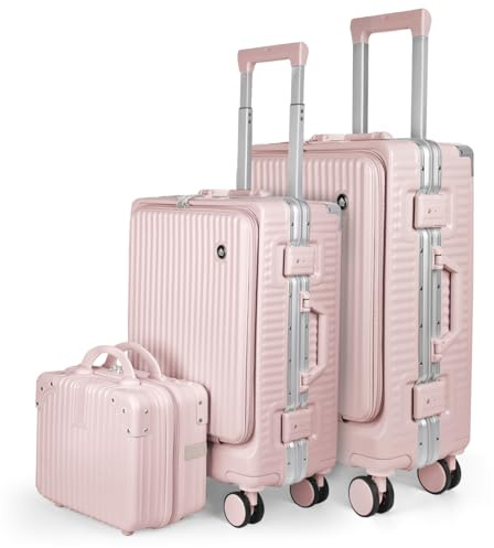 MERCURY TEXTIL-Juego de 3 Maletas de Viaje Cabina, Grande y Neceser de Policarbonato y ABS. Maletas Multifunción con USB, Múltiples Compartimientos con Bolsillo Frontal y Portavasos (Rosa)