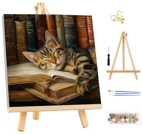 MEIYUDA Pintar por Numeros Adultos con Marco Gato dormido, Cuadros por Numeros Pigmento Acrílico, DIY Pintura Kit Manualidades Adultos, Decoración para el Hogar Regalo de pared 25x25cm