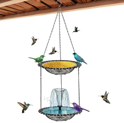 Fontaine Solaire pour Oiseaux avec, Arroseur résistant aux intempéries avec Plateau pour Nourriture, Fontaine Oiseau Solaire, pour Bassin, Jardin, terrasse, Patio, Cour, extérieur,