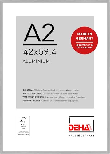 DEHA Design Tribeca Aluminium Picture Frame - A2 (42x59.4 cm) – Brushed Silver - with Synthetic Glass and Push/Turn Clips