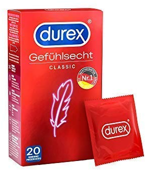 Durex Gefühlsecht Classic Kondome – Dünne Kondome mit anatomischer Easy-On-Form & mit Silikongleitgel befeuchtet – 20er Pack