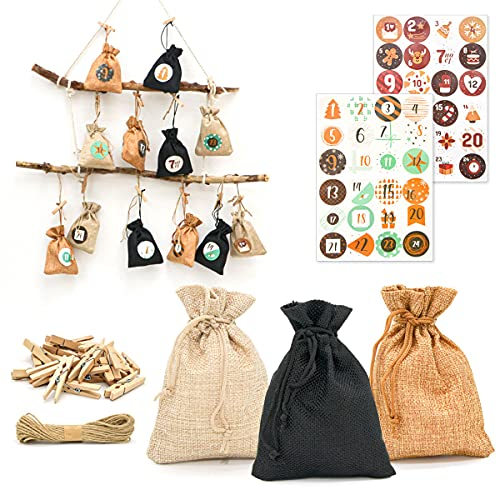 Calendario de Adviento DuneDesign para rellenar - DIY 24 bolsitas de tela con guirnalda y juego de pegatinas - Calendario de Navidad para rellenar tú mismo Bolsitas de Adviento para rellenar Niños