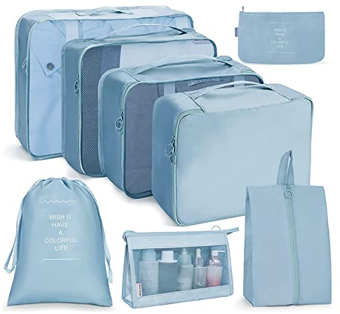 OSDUE Organisateur Valise, Organisateur de Voyage, Lot de 8 Organiseurs de Bagage pour Voyage,Différents Tailles des Cubes Étanche Sacs de Voyage Rangement (Bleu)