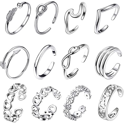 12 Pcs Adjustable Open Stackable Simple Heart Flower Arrow Toe/Thumb/Knuckle Joint Foot Rings for Women/Girls