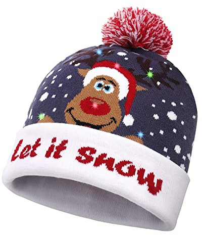 Diealles Shine Bonnet Noel Lumineux, Hiver Bonnet Beanie, Chaud Chapeau Tricoté, Bonnet en Tricot pour Unisex Costume Décoration de Noël(Cerf)