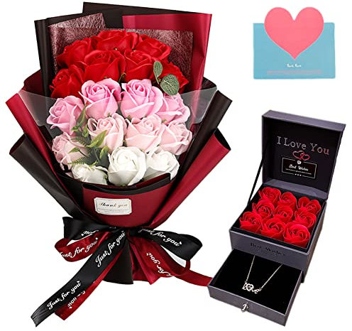 EIGHTOWN Ramo de Rosas Artificiales Falsas, Flores Rojas preservadas con Collar de Amor día de San Valentín, día de la Madre, Acción de Gracias, cumpleaños,