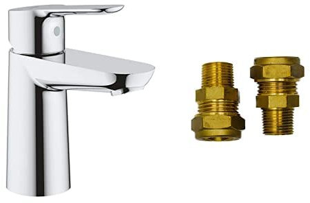 GROHE BauEdge & UK Adaptors - Smooth Body Basin Mixer Tap (1 Hole Inst., 1 Metal Lever, 28 mm Ceramic Cartridge, Water Saving Technology, No Waste Set, Tails 3/8 inch), Size 144 mm, Chrome, 23330000