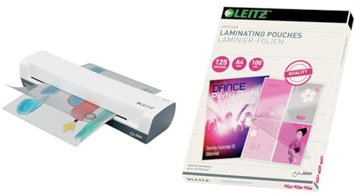 Leitz iLAM Home Laminator, Vit A3-lamineringsmaskin, Uppvärmningstid på Tre Minuter, Fickor med 75-125 Mikron, Inkluderar Startpaket med Fickor, 74320001 & Leitz 74300002 Lamineringspåsar, 100 st