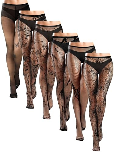 Ramede 6 pares de medias de red de Halloween para mujer, mallas de encaje estampadas hasta el muslo, cintura floral, leggings góticos, Negro mariposa, Talla única