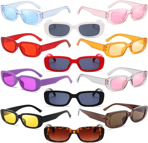 KHIRY Ensemble de Lunettes de Soleil Vintage pour Femmes - 12 Lunettes de Soleil rectangulaires rétro Tendance des années 90 - Accessoires Parfaits pour Le Carnaval, Les Anniversaires et Les fêtes