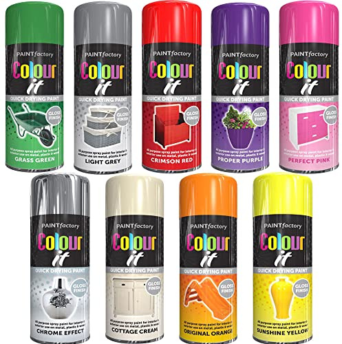 AlezyB - 9 Mix Cans Gloss Finish All Purpose spray paint 400ml Multipurpose AerosoL, Quick and Fast Drying and Excellent Coverage for Metal, Wood, Plastic and More - A12