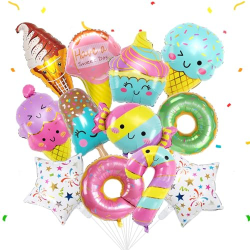 13pcs Donut Candy Balloon Decoration, Colorful Ice Cream Dessert Food Foil Balloon, Candy Birthday Party Decorations for Kids Girls Baby Shower Theme Party