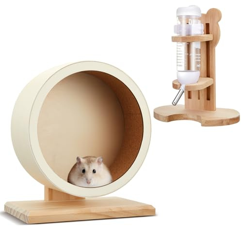 Sonwyoung 2 Pcs S, 7.9 Inch Wooden Hamster Wheel Silent Exercise Wheel with Water Bottle Stand Stable Running for Dwarf Hamster Gerbil Mouse Small Animal Cage Accessories