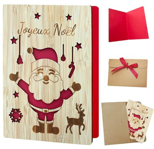 Yontree Cartes de Noël en Bois Joyeux Noël Cartes de Vœux Noël Cartes en Français Cadeau de Noël pour Famille Amis Collègues, Père Noël