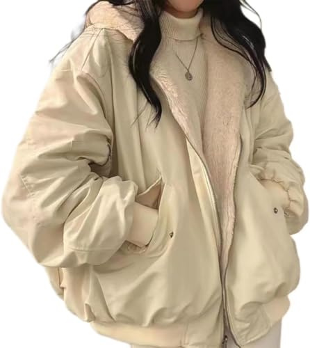Veste Sherpa pour Femmes Adolescentes réversible y2k Zip up à Capuche Polaire Fourrure Grunge Manteau d'hiver (Abricot,S)