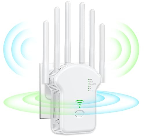 Répéteur WiFi Exterieur, 2024 Nouveau Amplificateur WiFi 6 antennes, Répéteur WiFi Puissant sans Fil WiFi Extender, supporte jusqu'à 45 appareils,équipé de 2 Ports Ethernet.