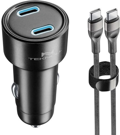 Teknoll - Cargador rápido de 65 W - 2 puertos: 1xUSB-C 20W PD + 1xUSB-C 45W PD - Cable USB-C 1m incluido - Led activo - Carga segura en el coche - Apto para todos los smartphones, tablets y portátiles