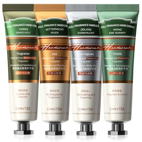 Hand Cream Gift Sets for Mens Women, 4PCS Mini Hand Cream Multipack for Very Dry Hands Working Hands, Non-greasy Moisturizing Nourishing Hand Moisturiser (Sandalwood, Rose, Peach, Tea)