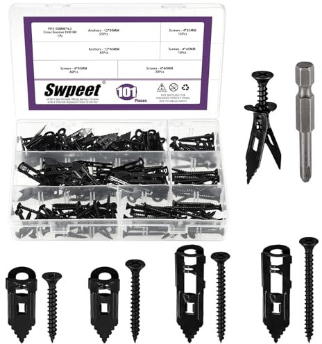 Swpeet Lot de 201 chevilles autoperceuses pour cloison sèche - 4 tailles - Noir - Avec vis et forets - Sans perçage ni trous dans le mur - Pour TV, vélo, sangles d'étagère, décoration de rideaux