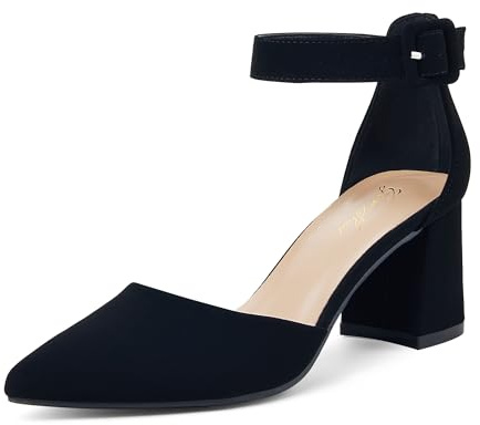 GENSHUO Dampumps, stängd spets, 6 cm blockklack, ankelremmar, bekväm för arbete och fest, Svart nubuck, 39 EU