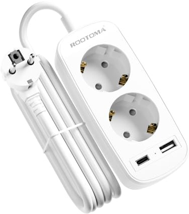Doppelsteckdose, Verlängerungskabel 1M, Reisesteckdosenleiste Klein mit 2 USB (1 USB-C), 2 Fach Steckdose für Hause Büro Reisen, Weiß