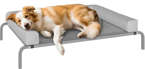 PawHut Kühlendes Hundebett mit herausnehmbaren Verstärkungen, erhöhtes Bett für mittelgroße Hunde, tragbar, mit atmungsaktivem Netzstoff, Stahlrahmen für drinnen und draußen, 110 x 75 x 30 cm