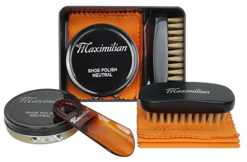 MAXIMILIAN Professional Leather Shoe Care Kit 4 Pcs Iron Box:Colorless Shoe Polish(40g),Solid Wood Horsehair Shoe Brush,Small Shoehorn,Orange Polishing Cloth for Birthday Holiday Gift