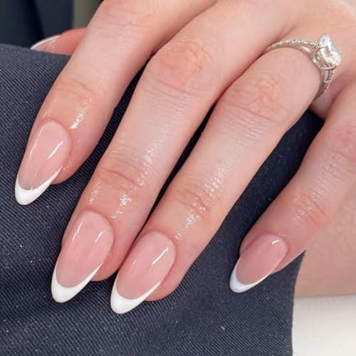 LunarCharm 24 pièces ongles amande press-on courts faux ongles french manucure blancs acrylique designs unis roses couverture complète