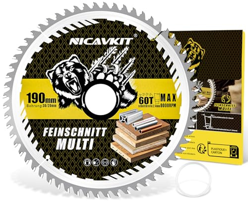 NICAVKIT Ø 190 x 30 mm Lame per Seghe Circolari per legno, metallo e alluminio e molto altro ancora. Multi materiale lama per sega a taglio fine 190 x 30, compatibile come Bosch, Makita & Dewalt