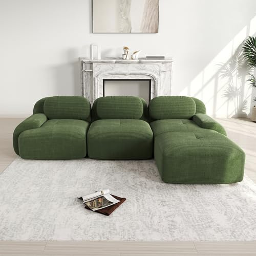 Ligterra Divano modulare a 3 posti in corduroy, divano ad angolo, divano Boneless con 1 pouf, divano compresso, senza montaggio e base antiscivolo, combinabile liberamente, 298×178×75cm (Verde)
