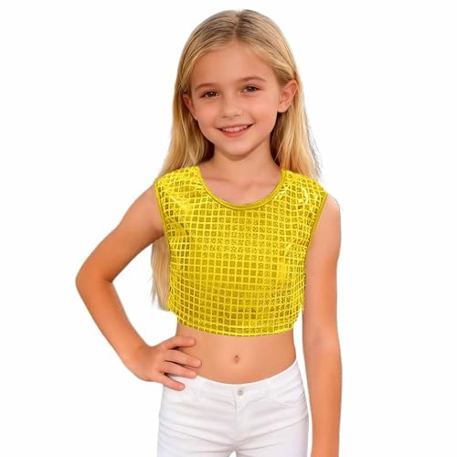 Generisch 2026 ragazza crop top con stampa glitter quadrata senza maniche, casual, per feste altre occasioni, alla moda, elastico comodo, per giovani donne, giallo., 140