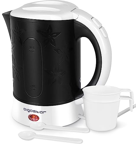 Aigostar Cooltravel 30MBA - Travel Electric Kettle, 650W, 0.6L Mini Water Pot, Auto Shut Off with Boil-Dry Protection, BPA Free, Includes 2 Cups and 2 Spoons, Black.