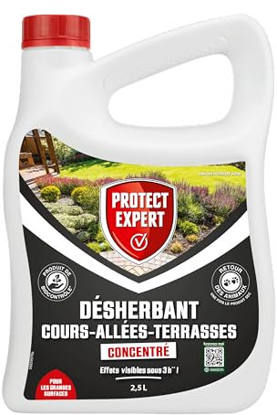 PROTECT EXPERT Désherbant Concentré - Cours Allées Terrasses - Effets visibles sous 3h - 2,5 L - Jusqu’à 150m² traités - Bidon doseur PROCOUR25N