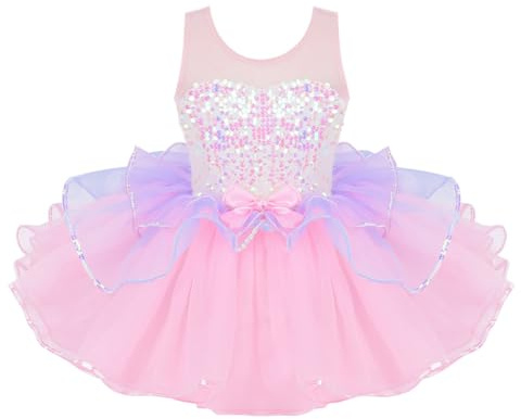 Freebily Dansare för flickor karneval med paljetter Tutu regnbåge enhörning prinsessa balettbalett svansjön konståkning, Rosenröd, 7-8 år