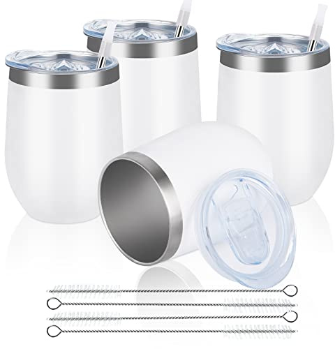 Wiederverwendbare Kaffeebecher, doppelwandig, isolierter Reisebecher, Vakuum-Edelstahl-Weinbecher mit auslaufsicherem Deckel, ideal für heiße und kalte Getränke – Kaffee, Wein, 340 ml, Weiß, 4 Stück