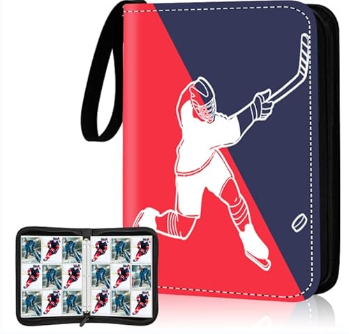 9 Pocket Hockey Card Binder, Premium Zippered Trading Card Binder, 900 Double Sided Pocket PU Collection Binder, Water Resistant, 3 Ring Collector Album, Card Folder for Hockey Sport Cards Display