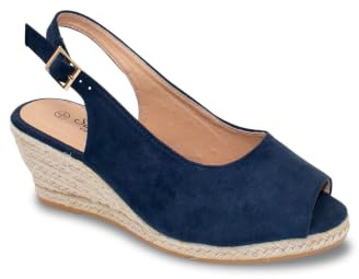 Chums Ladies Wide Fit Espadrille Sandal Mock Suede with Padded Sole, Adjustable Buckle & Medium Wedge