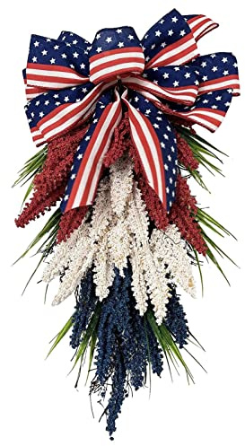 Patriotisk krans,22×12tum Patriotic Decorations 4th of July Dekorationer - Självständighetsdagen, Röd Vit Blå, 4 juli Patriotic Dörrkrans, Ytterdörrsdekor Fukamou