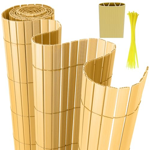 Izrielar Natte brise-vue en PVC avec serre-câbles - Résistant aux intempéries - Pour jardin, balcon et terrasse - Renfort en 4 poids - Résistant aux UV et imperméable - 1,8 x 4 m - Bambou