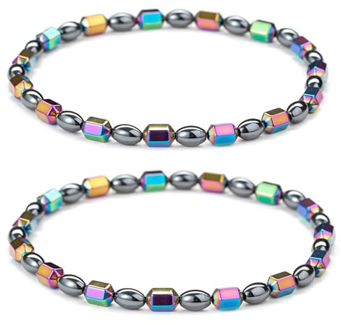 Apocalyptic-K Colourful Hematite Magnetic Anklets for Women, 25CM(9.5IN),Pack of 2, 6MM,