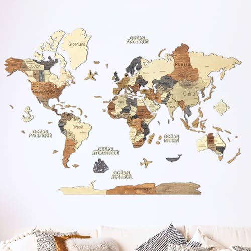 Creatifwood Mappa del mondo in legno, miglioredecorazione da parete in 3D, idea regalo per ogni occasione, decorazione da parete per casa, cucina o ufficio (Multicolor, 150L x 105l cm)