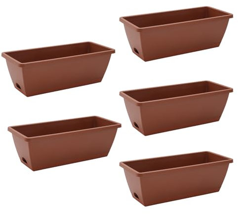 The Fellie 5 PCS Large Garden Planter Plastic Trough With Drainage Holes & Tray, Outdoor Rectangle Long Planter For Windowsill & Balcony, Vegetable Plant Pot For Succulent, BrickRed 49.5L*19W*15.7HCM