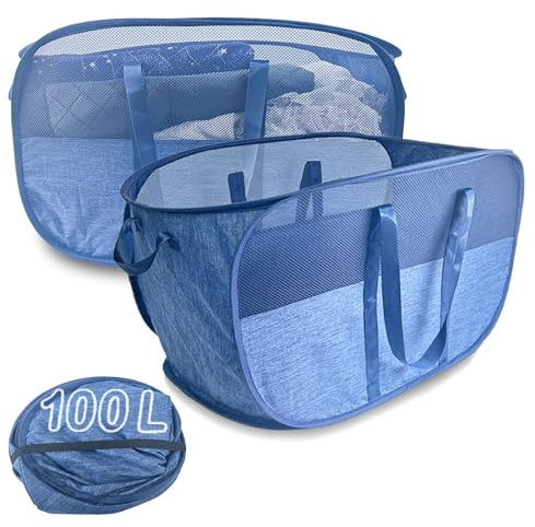 100L Collapsible Laundry Baskets 2 Pack, Extra Large Mesh Pop Up Laundry Hamper, Dirty Clothes Hamper with Reinforced Handles, Folding Hampers for Travel. Dorm or Home Portable Laundry Baskets. Blue