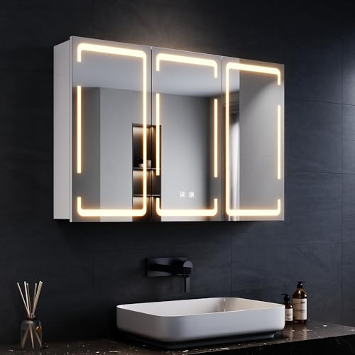 SONNI LED spegelskåp badrum 90 x 60 cm 3-dörrars med uttag och dimbar