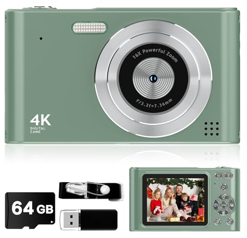 Cámara Digital 2025, cámara para niños 1080P, cámara de vlog con Tarjeta de 64 GB, Zoom 16X antivibración, Lector de Tarjetas, cámara compacta portátil de 44 MP, Regalo Verde para niños, Estudiantes,