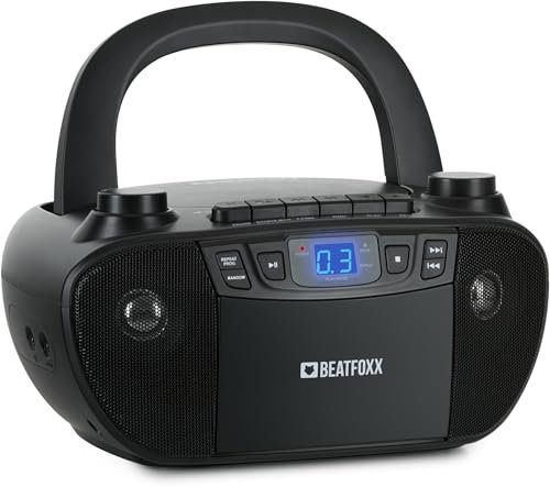 Beatfoxx CDB-1016 BK Boombox con casete, reproductor de CD, radio con asa de transporte - Grabadora con entrada AUX y salida de auriculares - Funciona con cable de alimentación o 6 pilas tipo C -