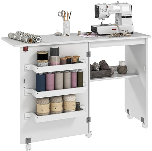HOMCOM Tavolo da cucito pieghevole Armadio da cucito pieghevole con scomparti, ripiano aperto e rotelle, mobile per macchine da cucire, per soggiorno, ufficio, studio, dim. 118 x 40 x 79,5 cm, bianco