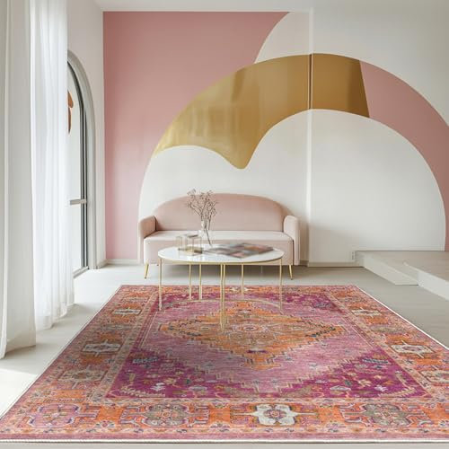 Taidianolp Teppich Wohnzimmer Deko,Mehrfarbig Vintage Blumen Fuchsia Pink Orange,Fuchsia, 200 x 290 cm,Waschbar Kurzflor Teppiche groß Esszimmer Schlafzimmer